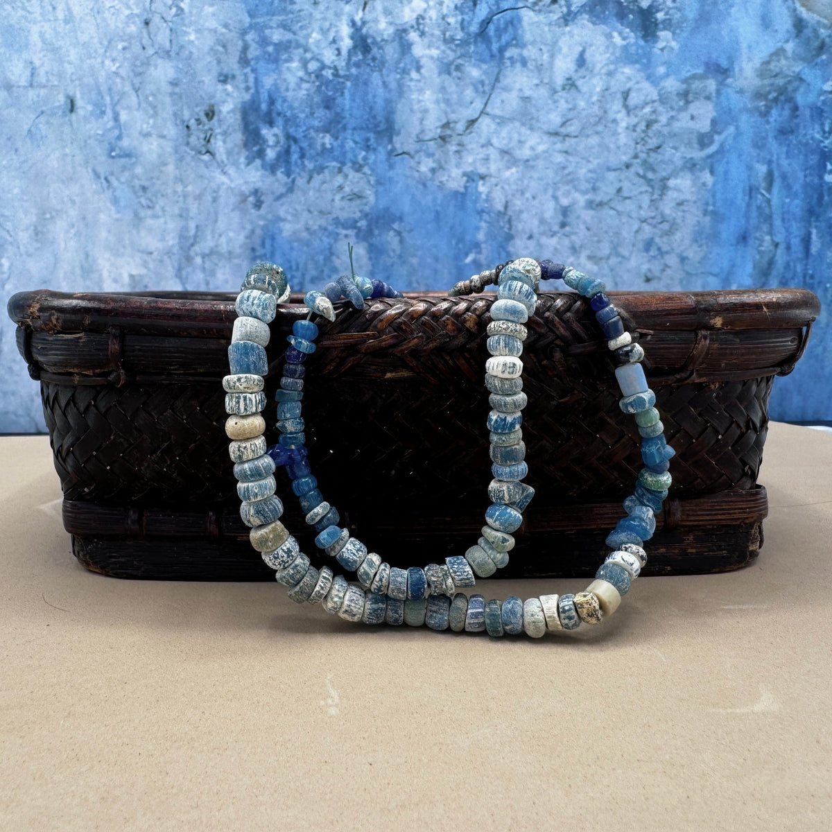 Ancient Glass Excavated Worn Blue Teal White Mixed Medium Sized Nila Beads, Strand - Rita Okrent Collection (AT0645t)