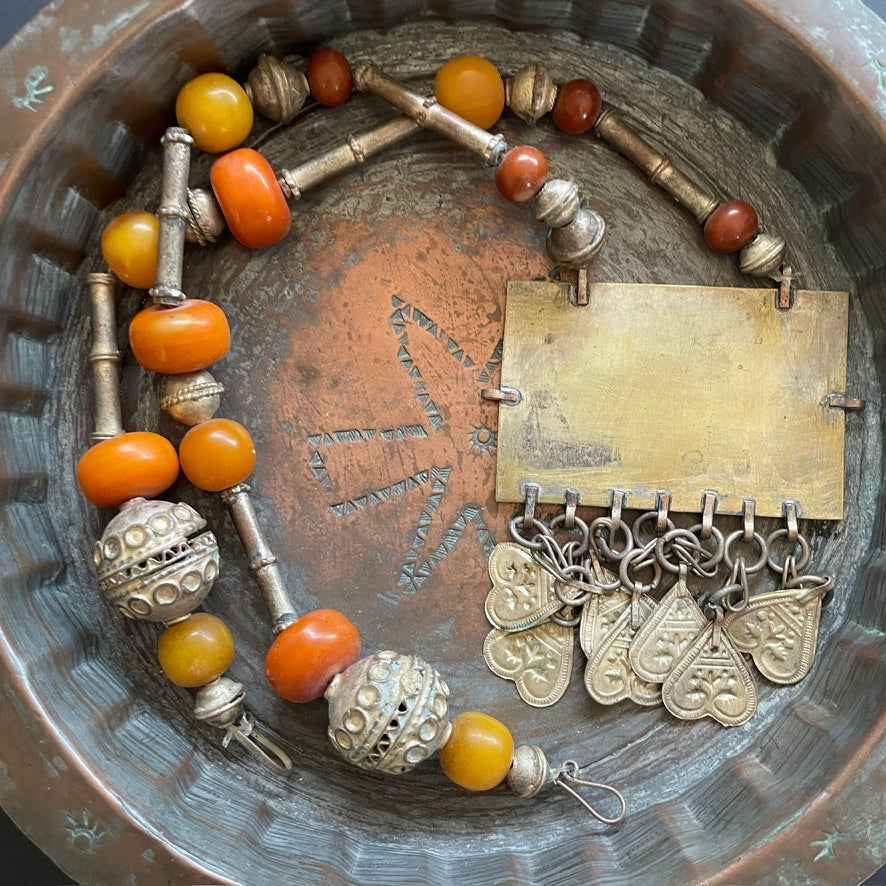 Old Bedouin Necklace with Metal Beads and Faux Amber - Rita Okrent Collection (NE 435)