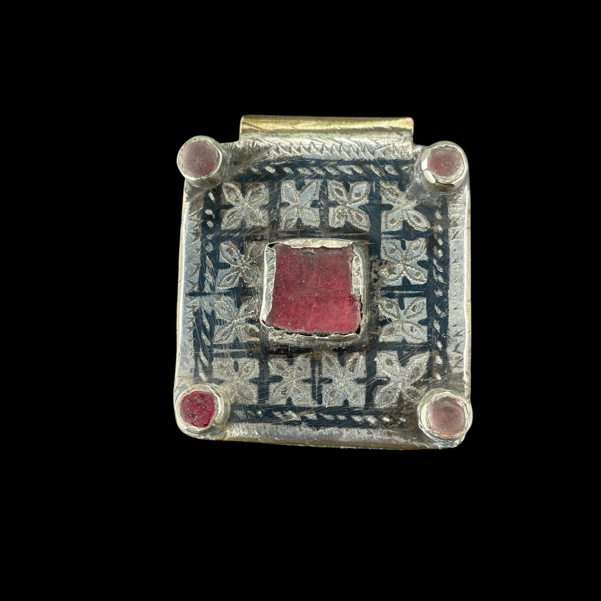 Antique Silver, Niello and Brass Kitab Pendant, with Old Red Glass, Morocco - Rita Okrent Collection (P993)