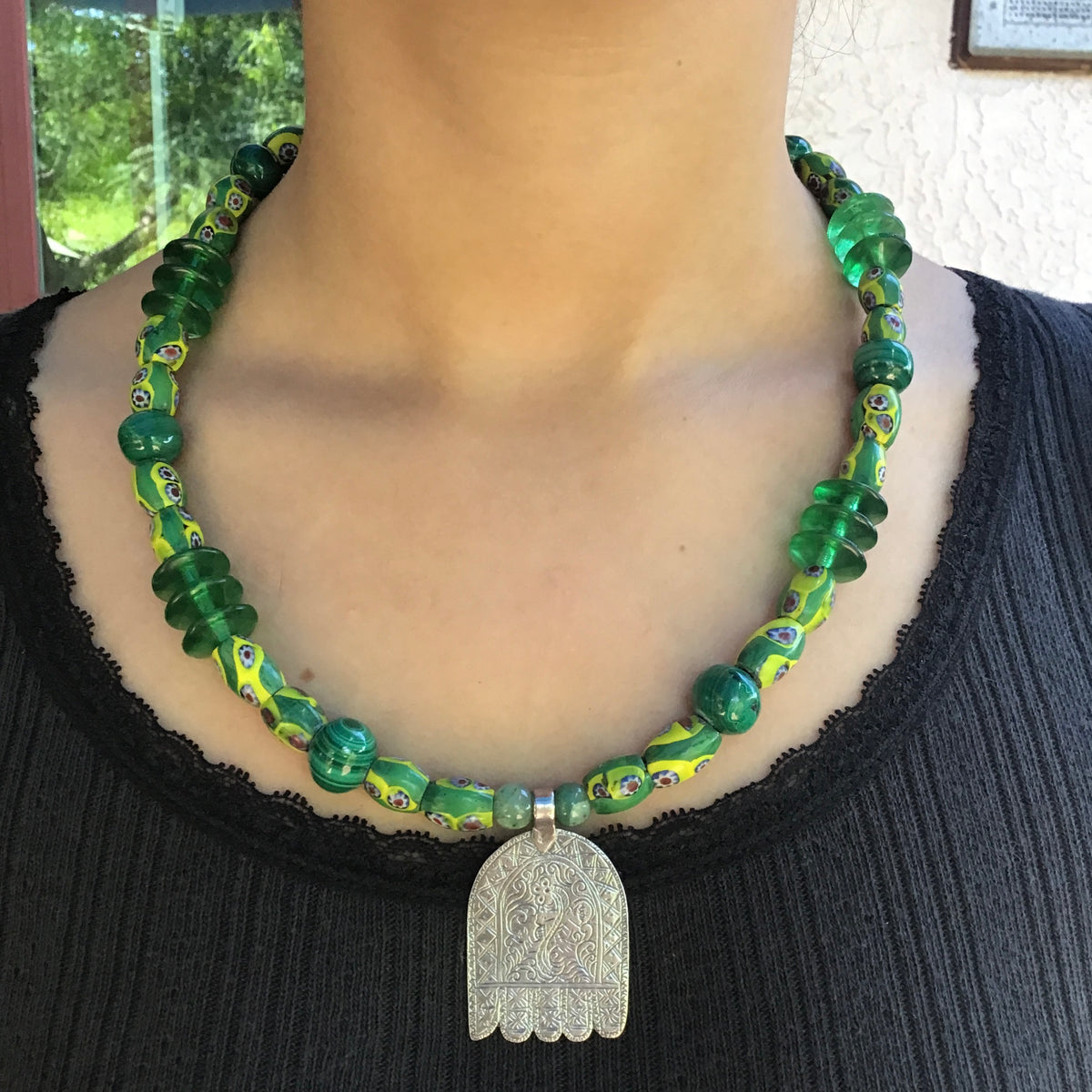 Green African Trade Bead Necklace with Silver Hamsa - Rita Okrent Collection (NE409)