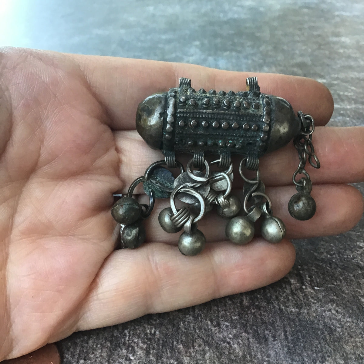 Small Yemeni Silver Hirz Prayer Amulet with Dangles and Chain - Rita Okrent Collection (P906)