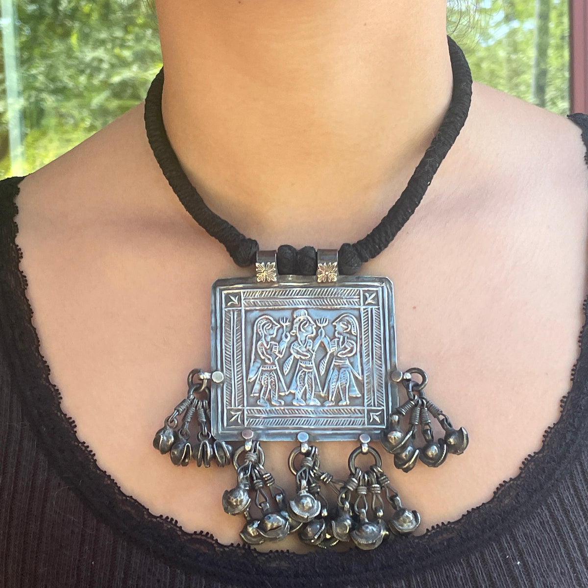 Ethnic Silver Choker / Short Necklace with Large Indian Amulet on Black Cord with Closure - Rita Okrent Collection (NE800)