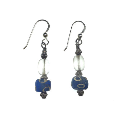 Ancient Islamic Eye Bead Earrings with Bohemian Glass and Silver from Bali - Rita Okrent Collection (E654)