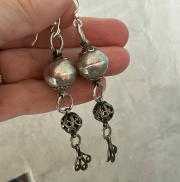 Moroccan Silver Filigree Bead and Pendant Drop Earrings - Rita Okrent Collection (E559)