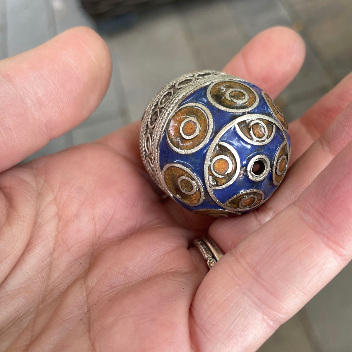 Large Blue and Orange Enameled Berber Silver Egg Bead, Morocco - Rita Okrent Collection (NP055)