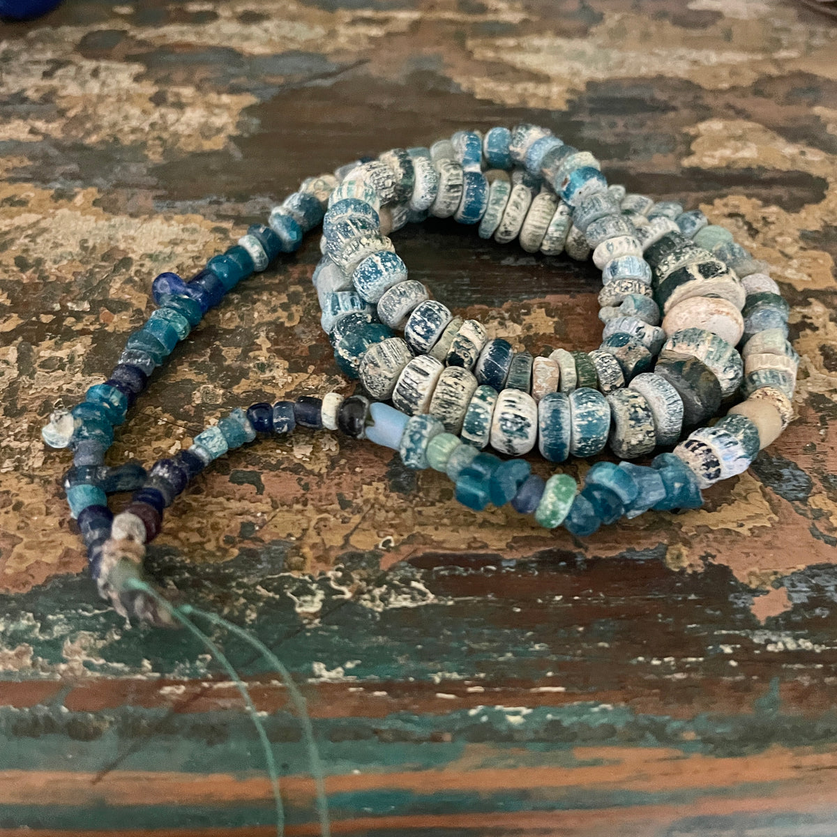 Ancient Glass Excavated Worn Blue Teal White Mixed Medium Sized Nila Beads, Strand - Rita Okrent Collection (AT0645t)