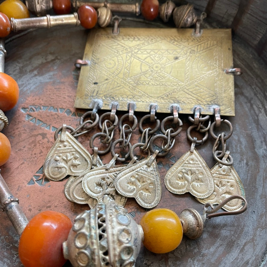 Old Bedouin Necklace with Metal Beads and Faux Amber - Rita Okrent Collection (NE 435)