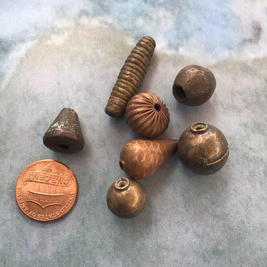 Group of 7 Vintage Brass and Copper Mixed Shape Beads, African Trade - Rita Okrent Collection (AT0673)