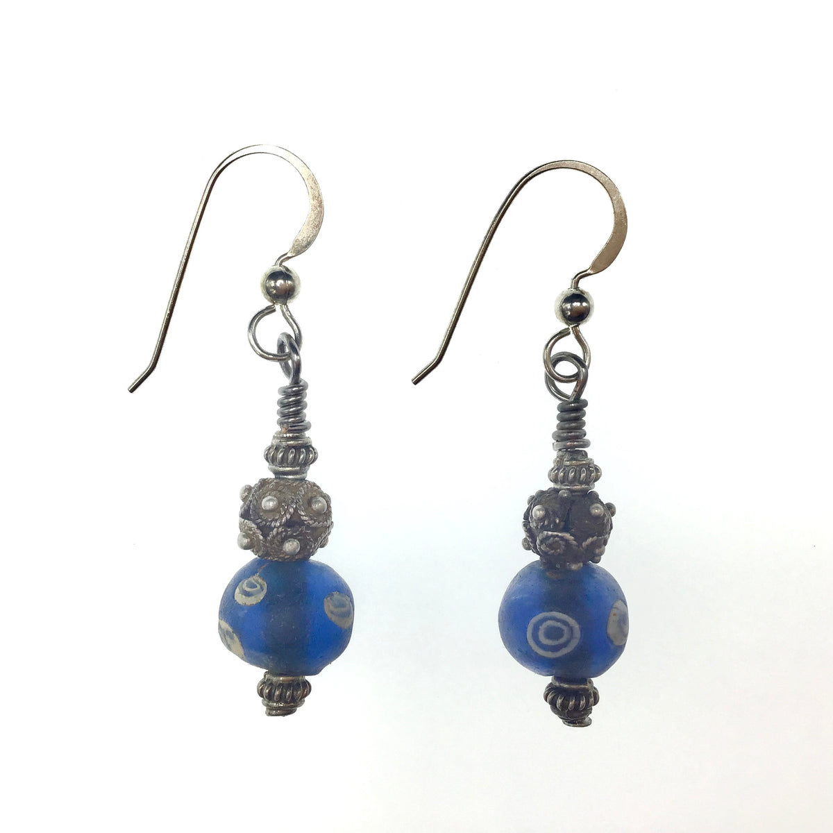 Ancient Glass Eye Bead Earrings with Silver Beads from Mauritania - Rita Okrent Collection (E651)