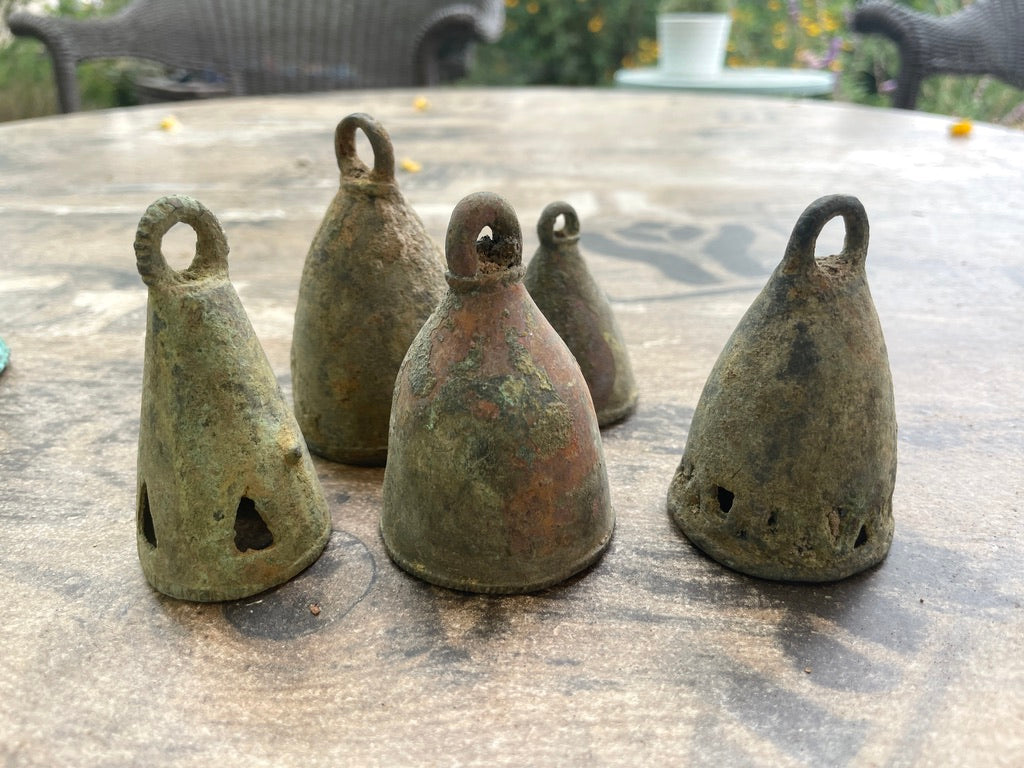 Group of 5 Antique Vert-de-Gris Bronze Bells, Mali - Rita Okrent Collection (AA609)