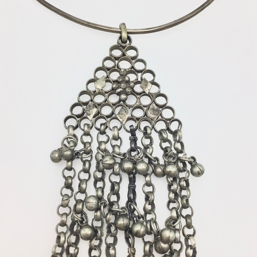 Yemenite Silver Hanging Amulet Necklace on Silver Torque Choker - Rita Okrent Collection (NE814)