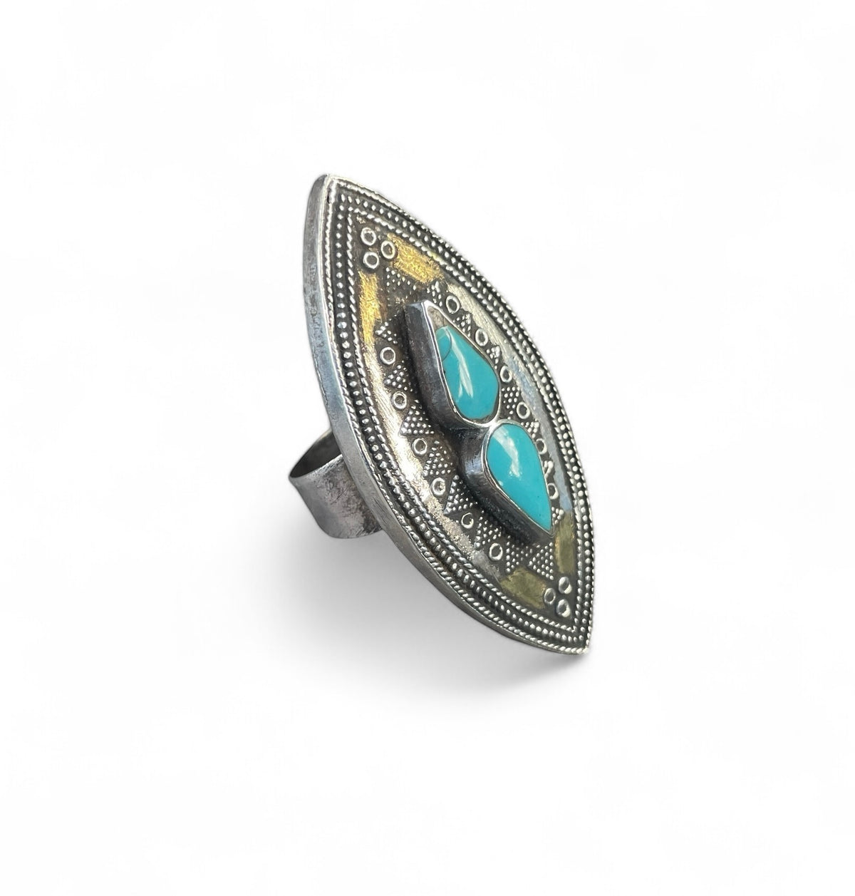 Central Asian Silver Ring with Gold Wash and Turquoise Glass Setting - Rita Okrent Collection (BR004)