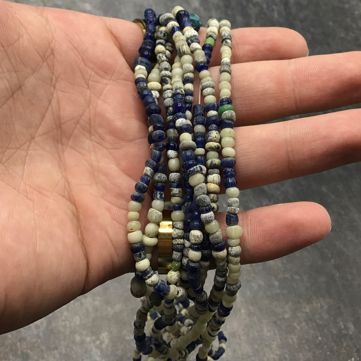 Very Long Strand of Mainly Blue and Off-White Ancient Glass Nila Beads from Mali - Rita Okrent Collection (AT1850w)