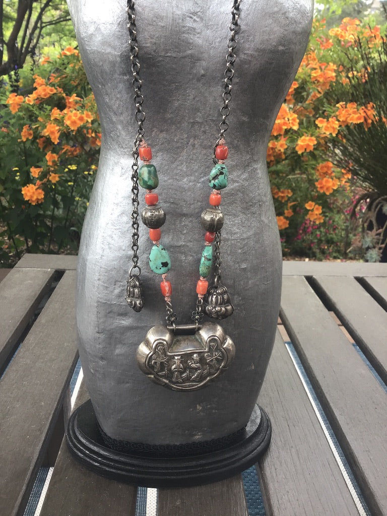 Chinese Silver Chain Necklace with Padlock, Coral and Turquoise - Rita Okrent Collection (NE633)