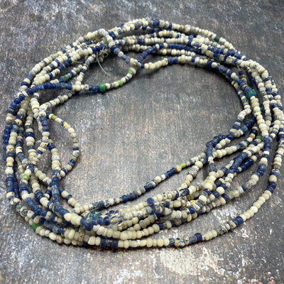 Very Long Strand of Mainly Blue and Off-White Ancient Glass Nila Beads from Mali - Rita Okrent Collection (AT1850w)