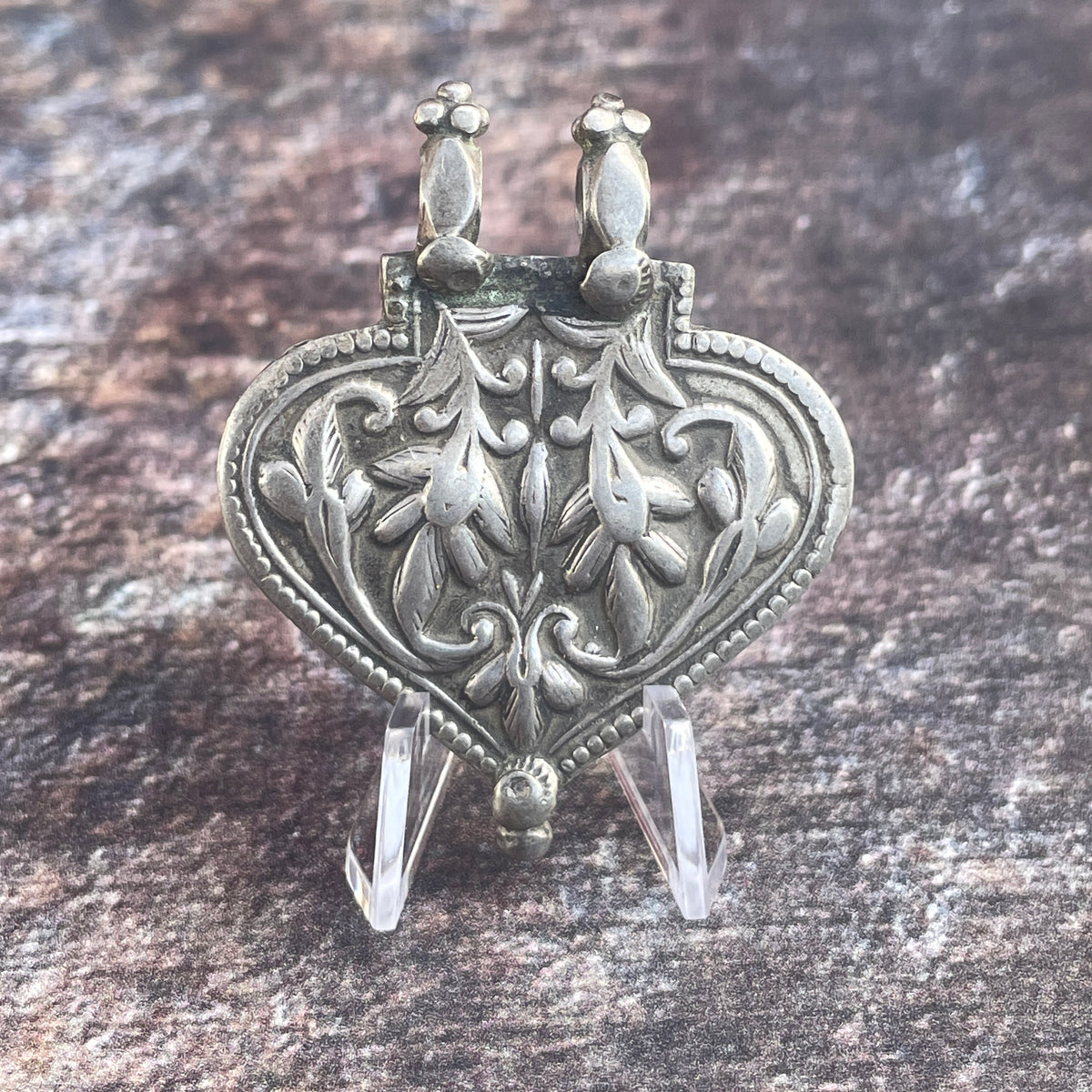 Antique Rajasthan Silver Heart Shaped Floral Focal Pendant with Double Bails - Rita Okrent Collection (P982)