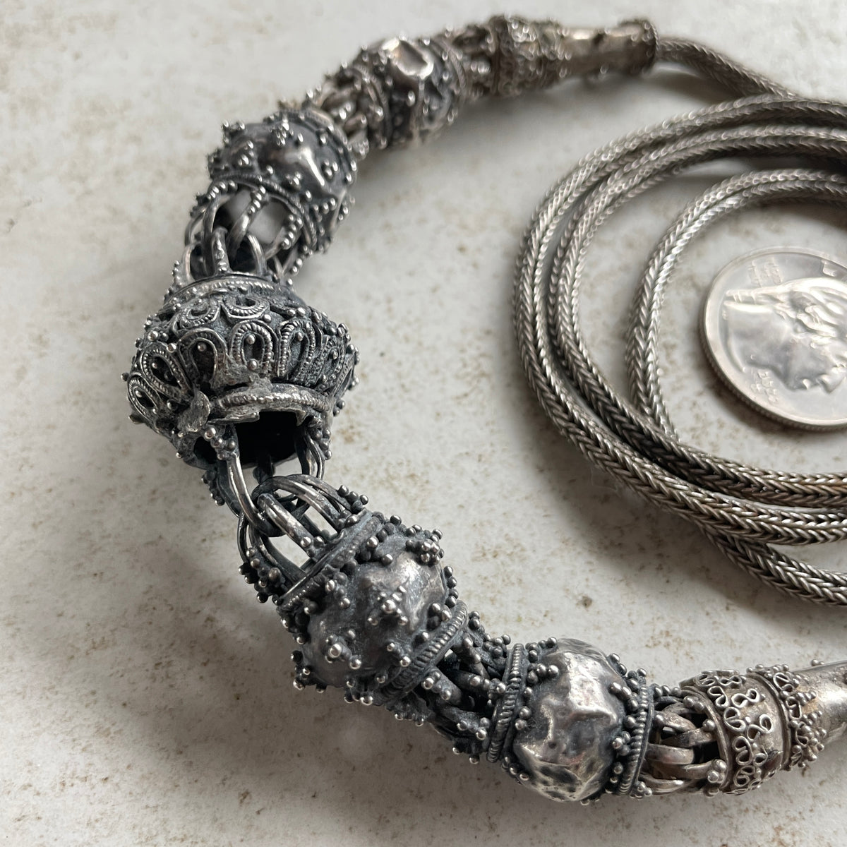 Antique Handmade Interlocking Silver Beaded Necklace from Ceylon - Sri Lanka - Rita Okrent Collection (C973)