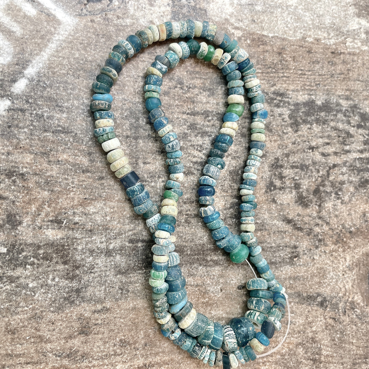 Ancient Glass Excavated Worn Blue Teal White Mixed Medium Sized Nila Beads, Strands  - Rita Okrent Collection (AT0645s)