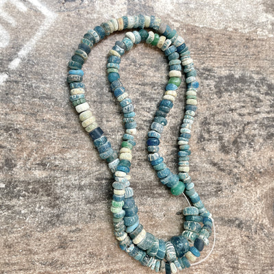 Ancient Glass Excavated Worn Blue Teal White Mixed Medium Sized Nila Beads, Strands  - Rita Okrent Collection (AT0645s)
