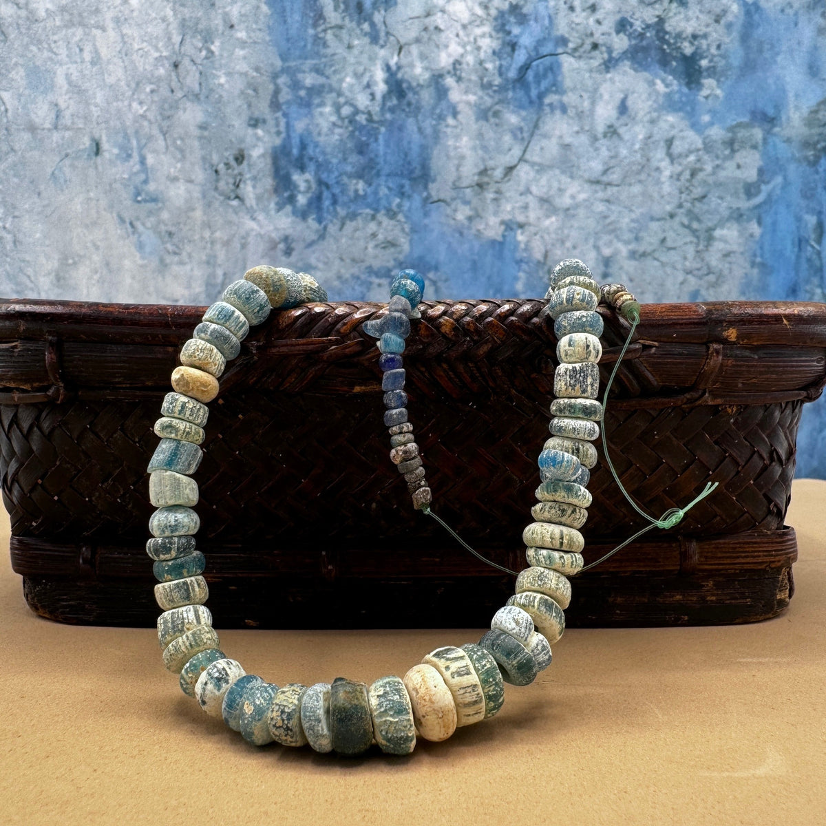 Ancient Glass Excavated Worn Blue Teal White Mixed Medium Sized Nila Beads, Strand - Rita Okrent Collection (AT0645t)