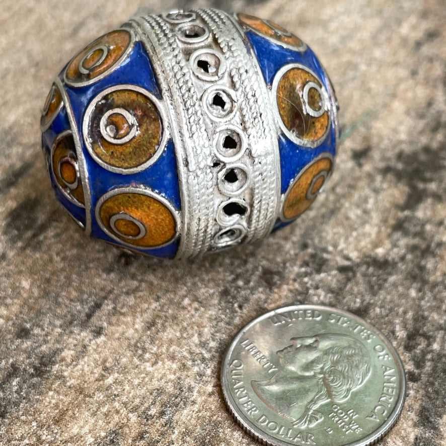 Large Blue and Orange Enameled Berber Silver Egg Bead, Morocco - Rita Okrent Collection (NP055)