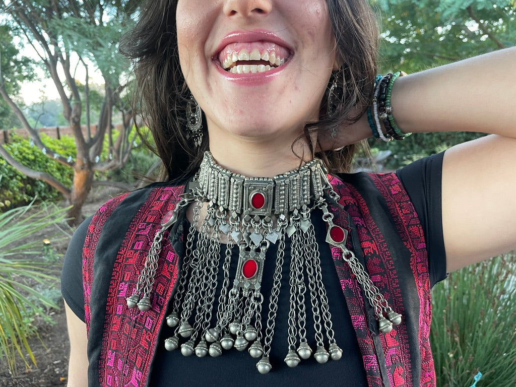 Traditional Yemeni Silver Bridal Wedding Necklace or Headdress with Red Glass Settings and Dangles - Rita Okrent Collection (C689)