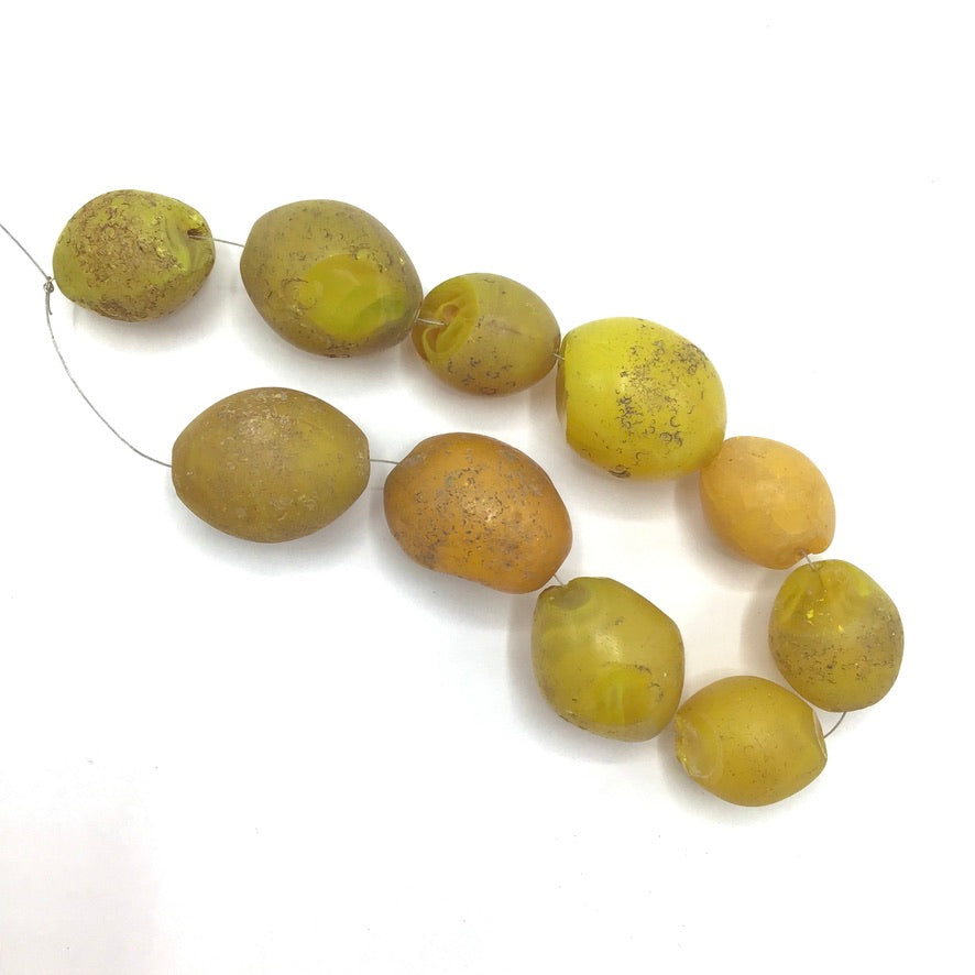 Choice of Strands Yellow Bohemian Glass Pigeon Egg Beads, Damaged, African Trade - Rita Okrent Collection (AT0281)