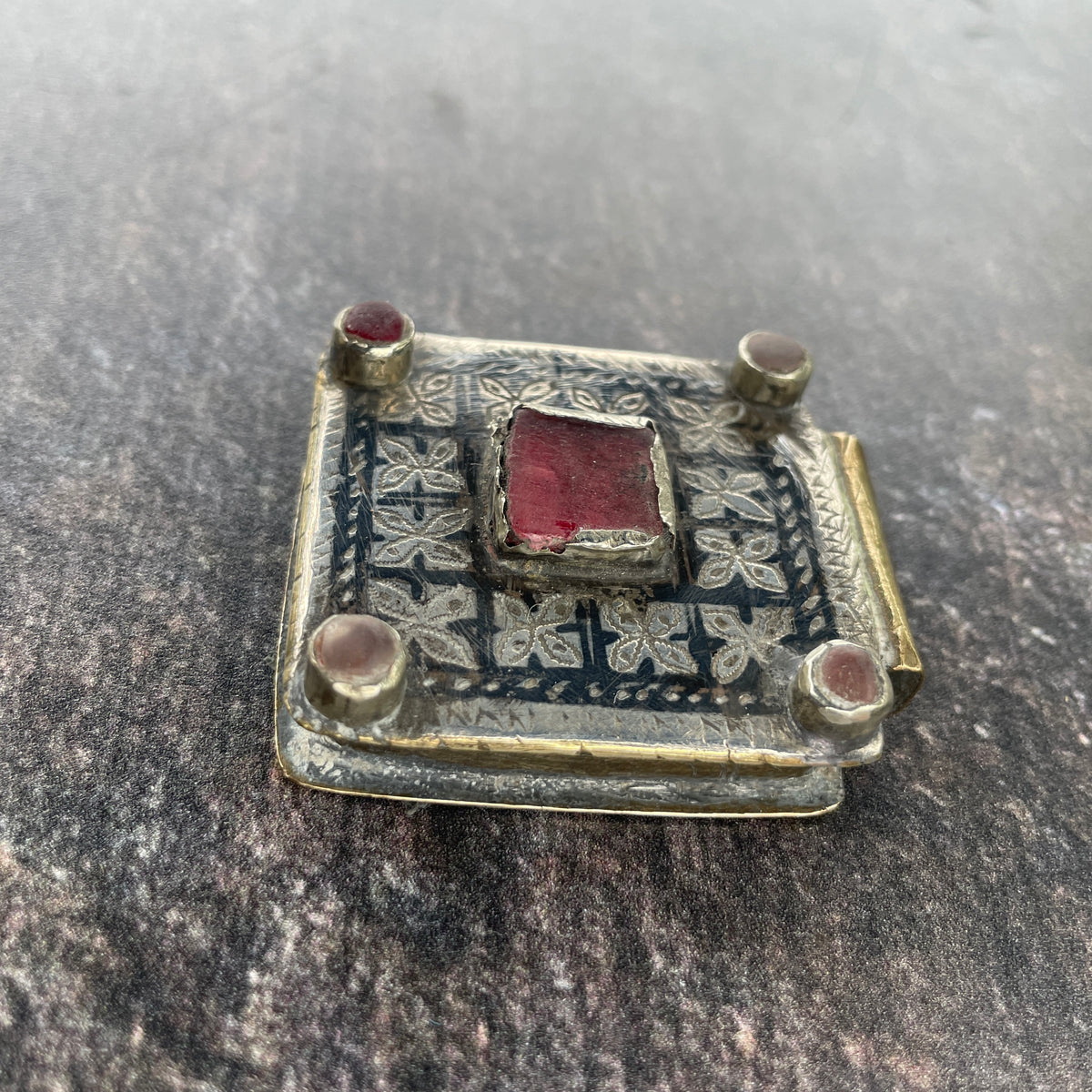 Antique Silver, Niello and Brass Kitab Pendant, with Old Red Glass, Morocco - Rita Okrent Collection (P993)