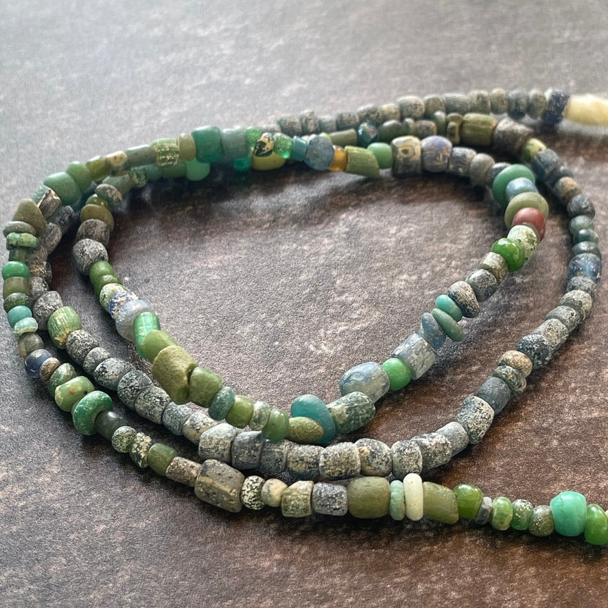 Ancient Glass Small Mixed Green Nila Beads from Mali - Strand A - Rita Okrent Collection (AT0649a)