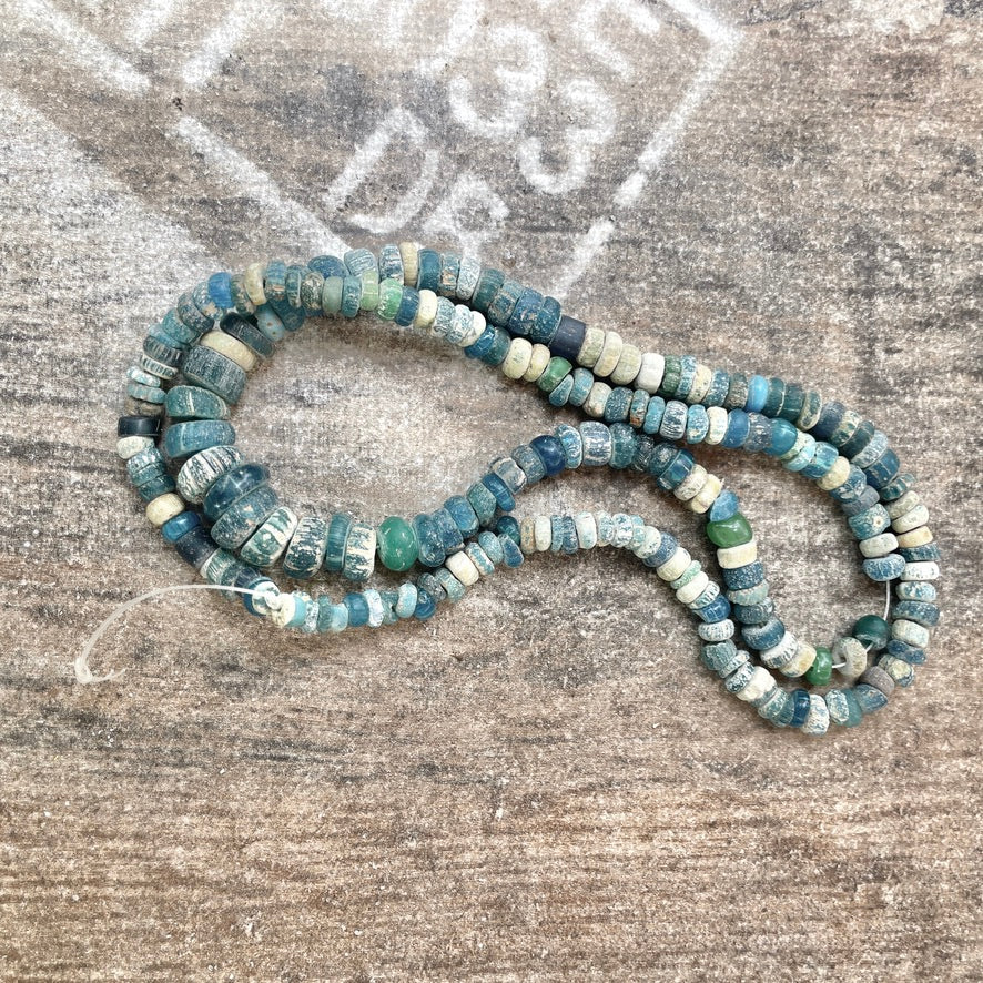 Ancient Glass Excavated Worn Blue Teal White Mixed Medium Sized Nila Beads, Strands  - Rita Okrent Collection (AT0645s)