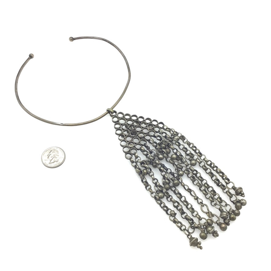 Yemenite Silver Hanging Amulet Necklace on Silver Torque Choker - Rita Okrent Collection (NE814)