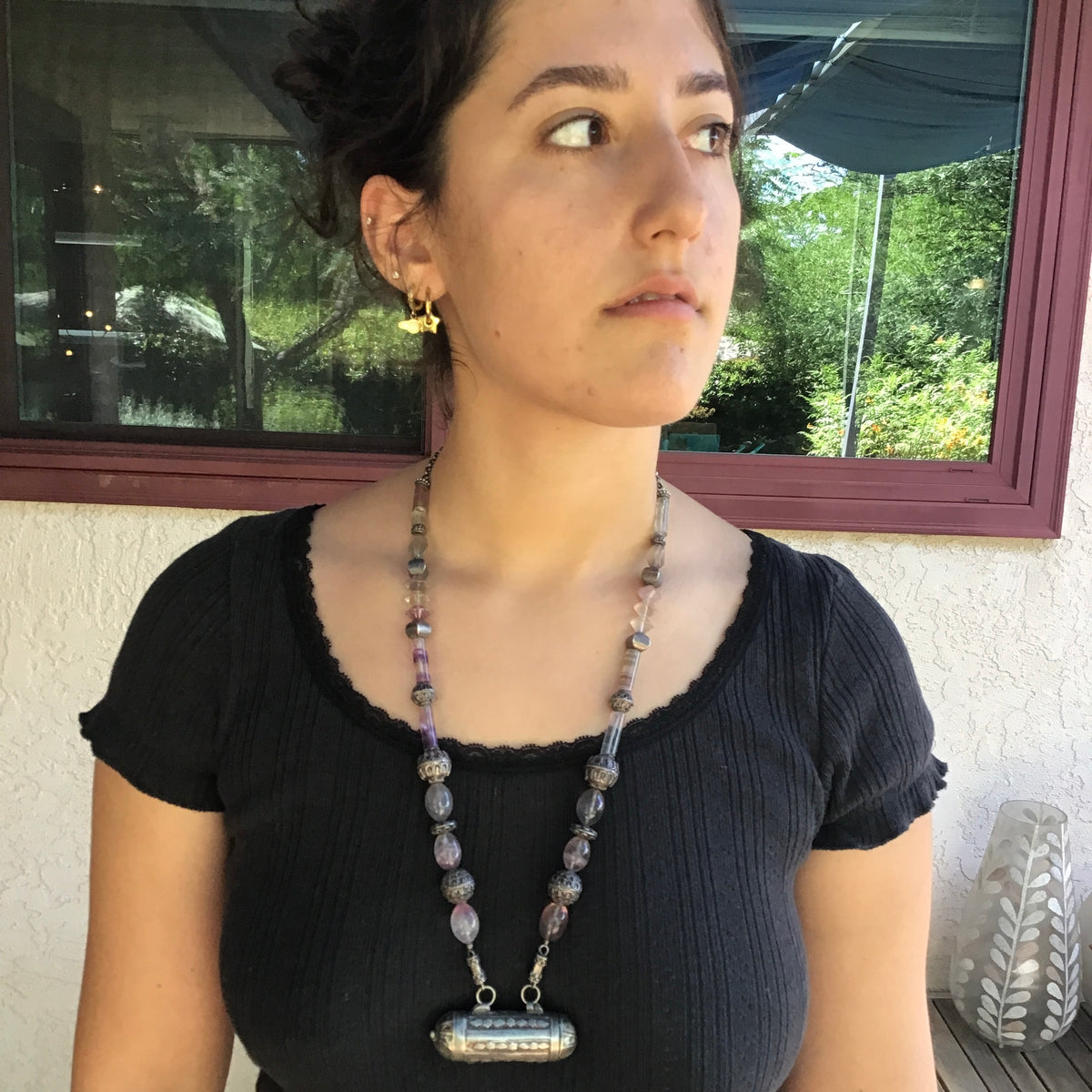 Antique Amethyst Bead Necklace with Antique Silver Pendant and Sri Lankan Silver Beads - NE051