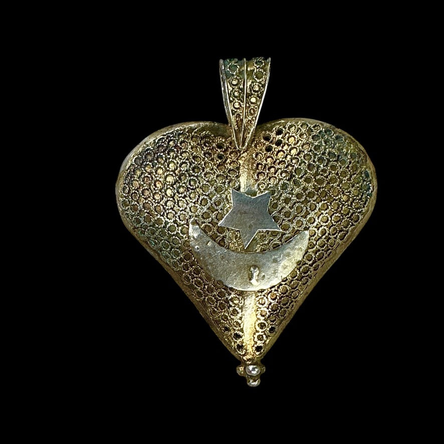 Vintage Mauritanian Heart Pendant with Crescent and Star, Filigree - Rita Okrent Collection (P934)