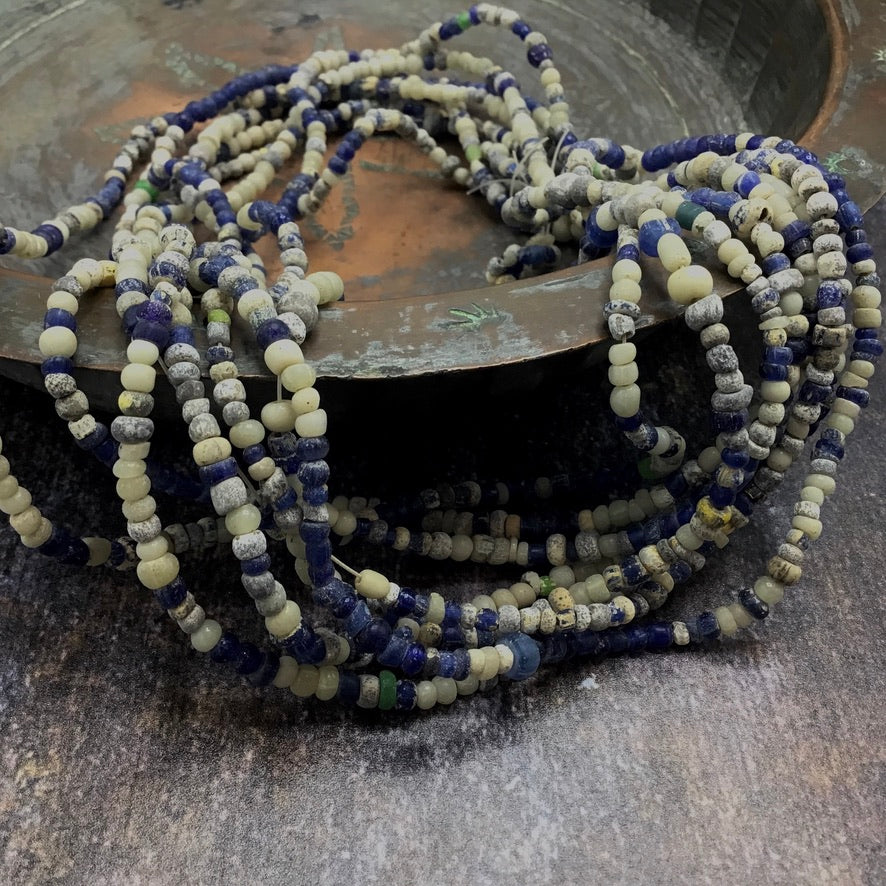 Very Long Strand of Mainly Blue and Off-White Ancient Glass Nila Beads from Mali - Rita Okrent Collection (AT1850w)