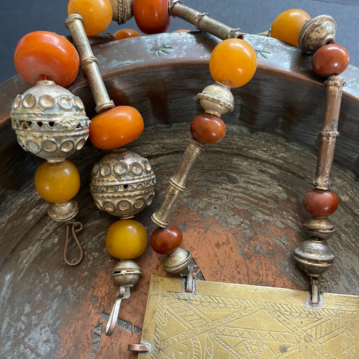 Old Bedouin Necklace with Metal Beads and Faux Amber - Rita Okrent Collection (NE 435)