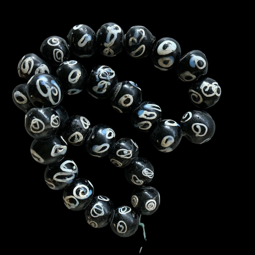 Black and White Decorated Antique Glass Zen Venetian Trade Beads- Rita Okrent Collection (AT1904)
