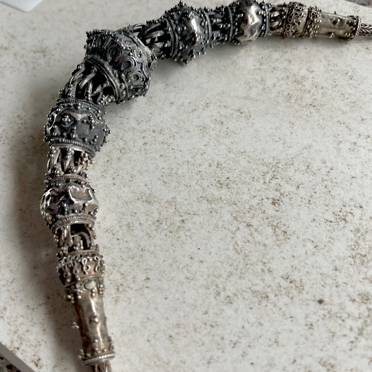 Antique Handmade Interlocking Silver Beaded Necklace from Ceylon - Sri Lanka - Rita Okrent Collection (C973)