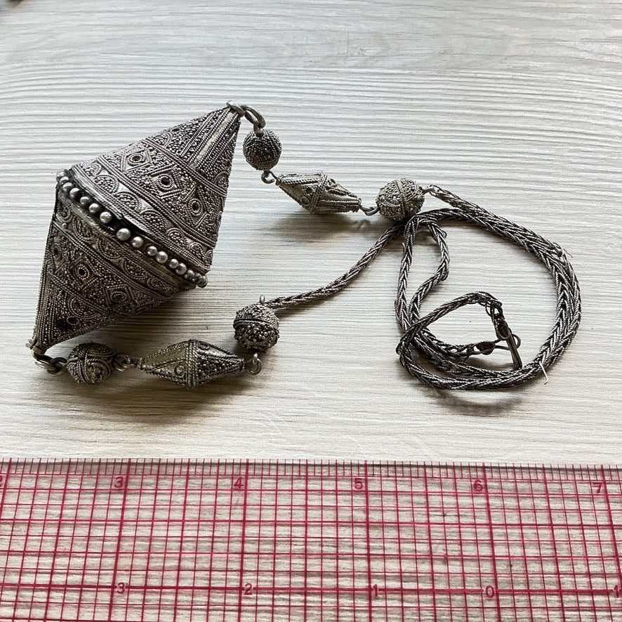 Traditional Silver Decorated Bicone Focal Bead, on a Silver Chain- Rita Okrent Collection (NE510)