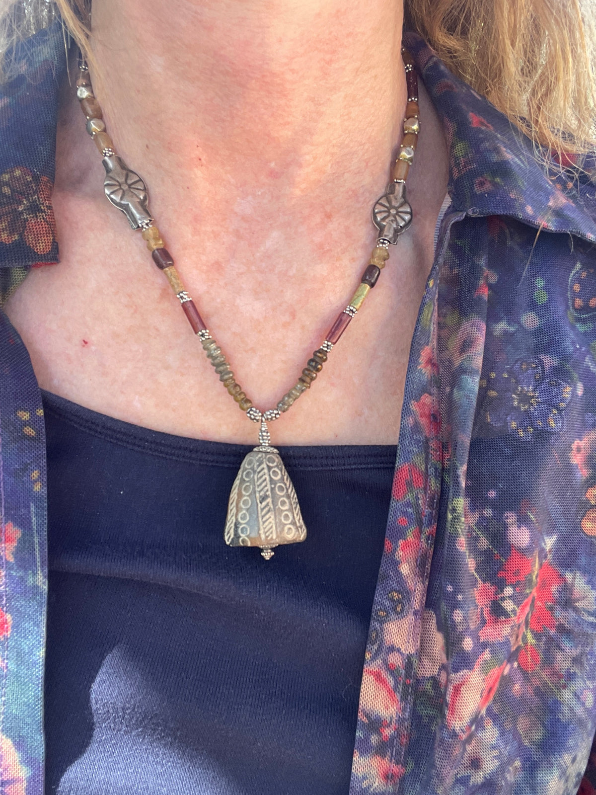 Ancient Glass, Stone, Ceramic with Silver Beaded Necklace - Rita Okrent Collection (NE580)