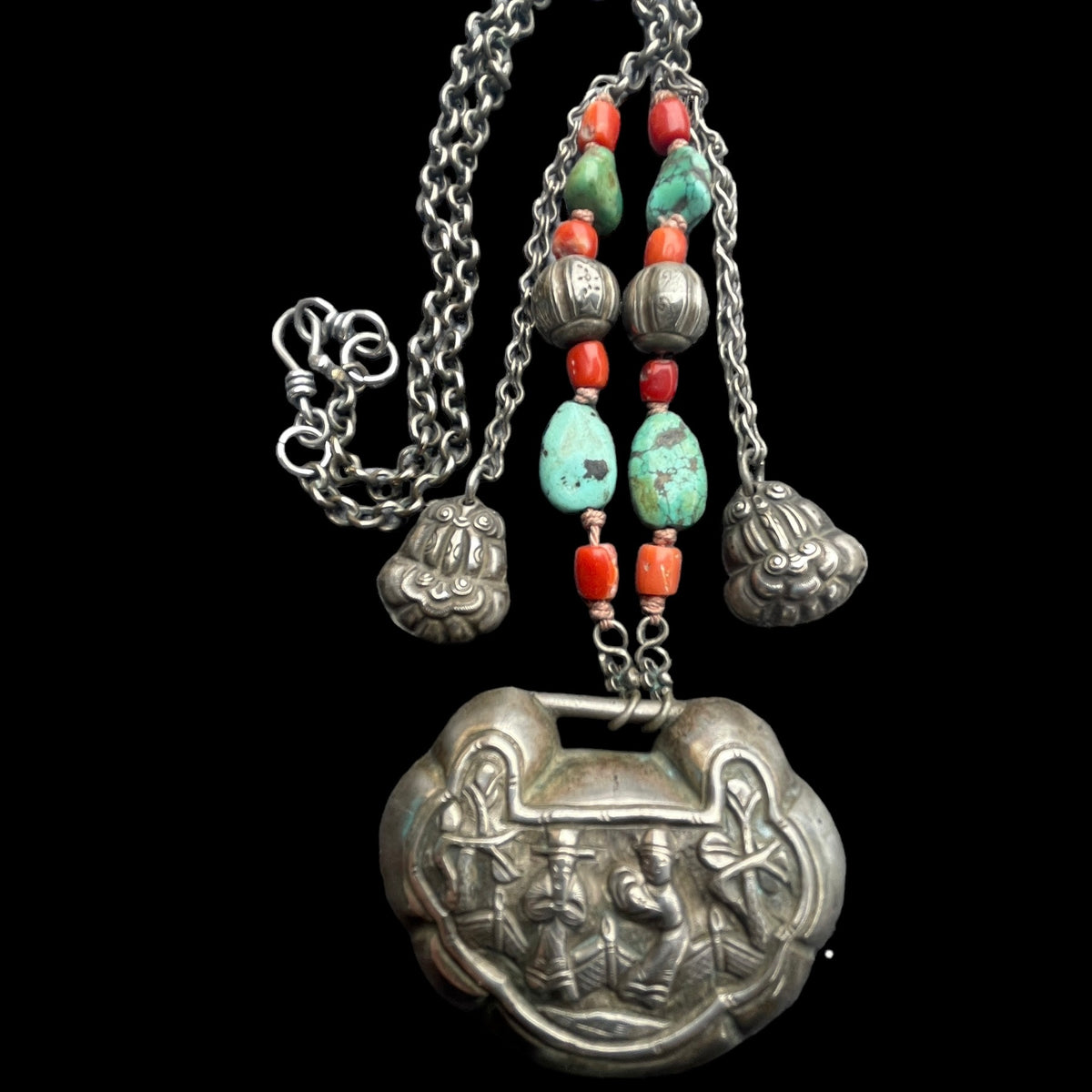 Chinese Silver Chain Necklace with Padlock, Coral and Turquoise - Rita Okrent Collection (NE633)