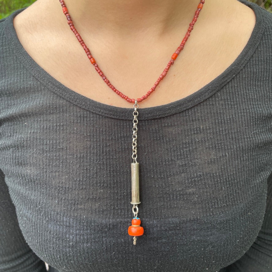 Antique Coral and Silver Pendant with Red Glass African Trade Beads - Rita Okrent Collection (NE602)