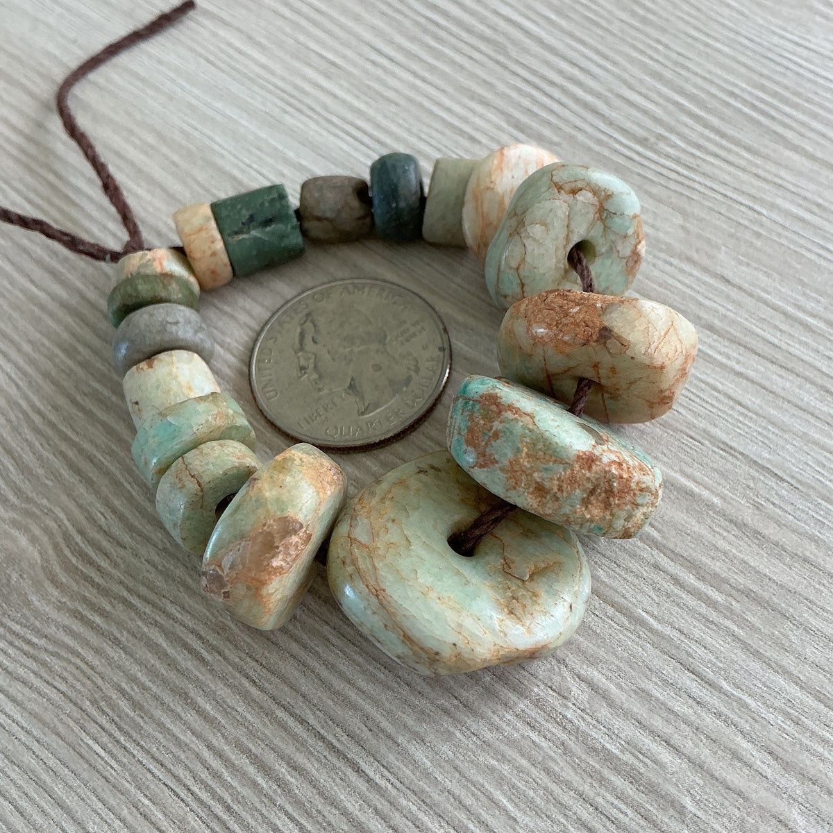 Short Strand of 17 Ancient Amazonite and Serpentine Stone Beads from Mauritania - Rita Okrent Collection (S573b)