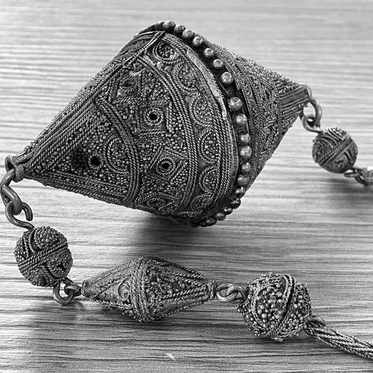 Traditional Silver Decorated Bicone Focal Bead, on a Silver Chain- Rita Okrent Collection (NE510)