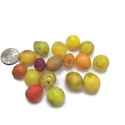 Mixed Orange, Red and Yellow Bohemian Glass Pigeon Egg Beads, Damaged, African Trade - Rita Okrent Collection (AT0281m)