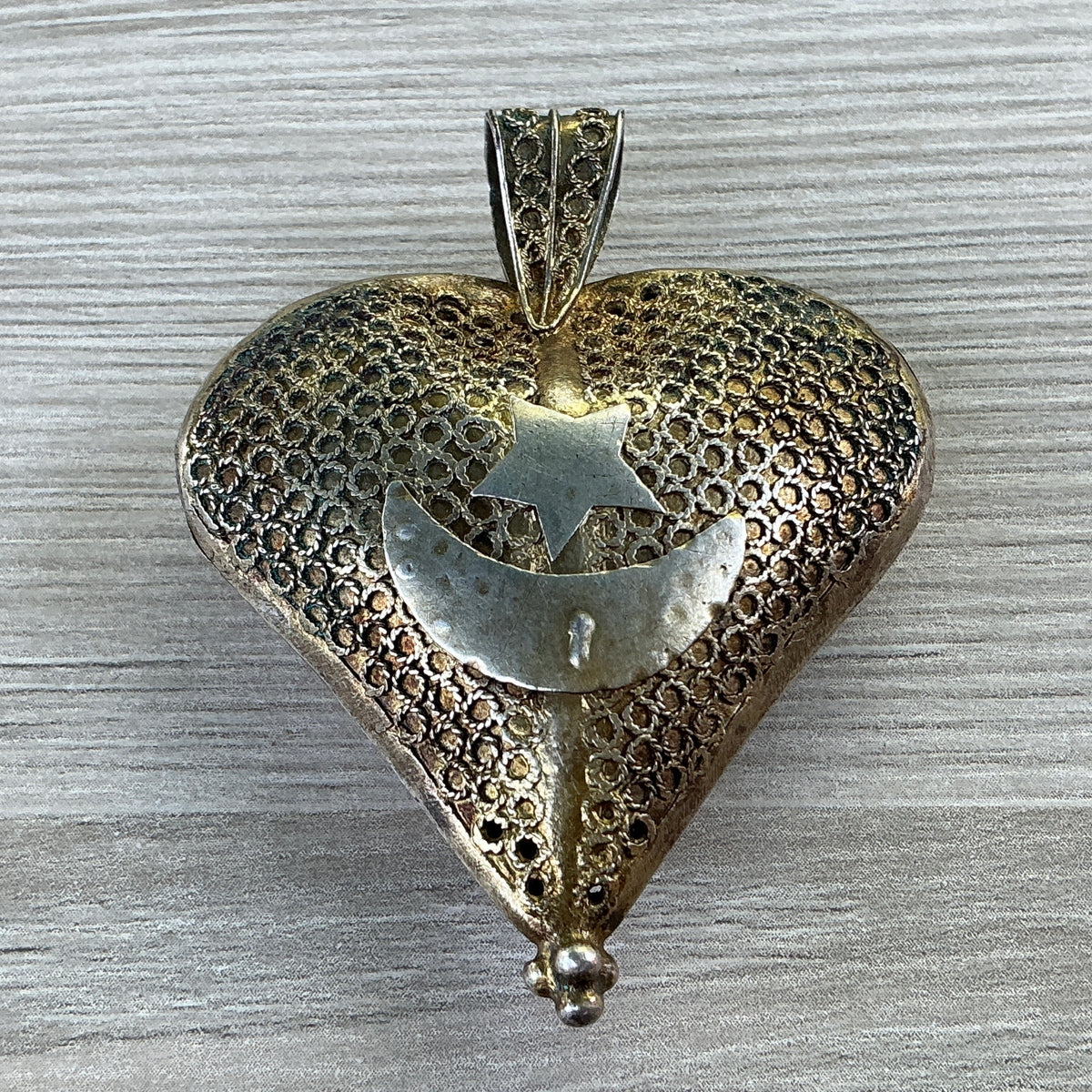 Vintage Mauritanian Heart Pendant with Crescent and Star, Filigree - Rita Okrent Collection (P934)