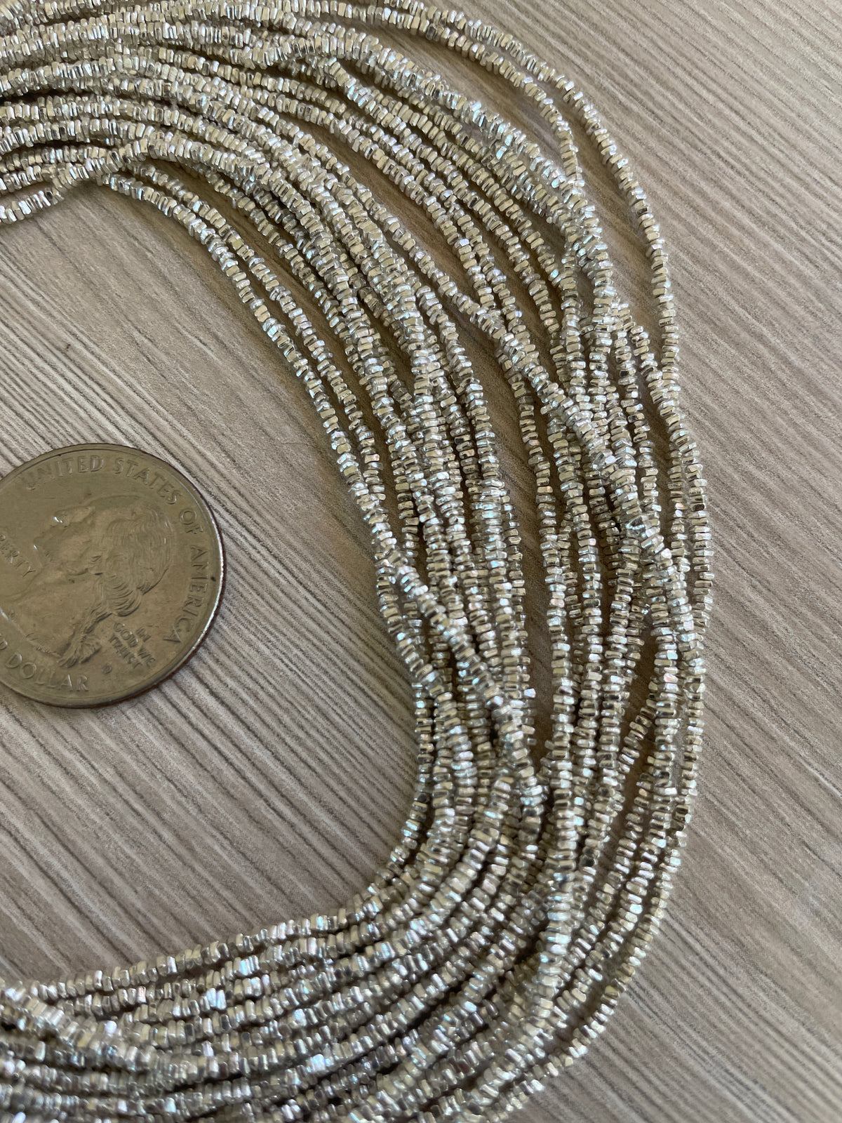 Long Strands of Very Tiny Flat Square Sterling Silver Beads from the Thai Karen Hill Tribe - Rita Okrent Collection (NP108b)