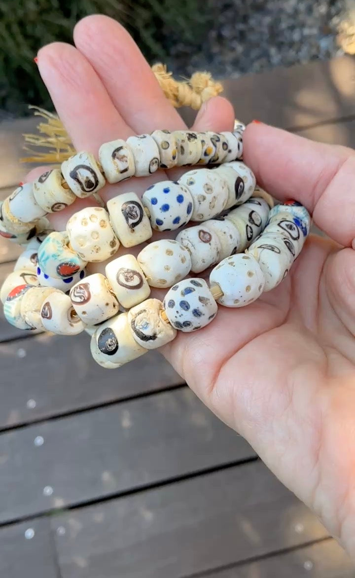 Long Strand of White Mixed Pattern Antique Venetian Glass Beads - Rita Okrent Collection (AT1674)