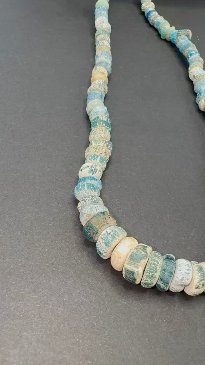 Ancient Glass Excavated Worn Blue Teal White Mixed Medium Sized Nila Beads, Strand - Rita Okrent Collection (AT0645t)