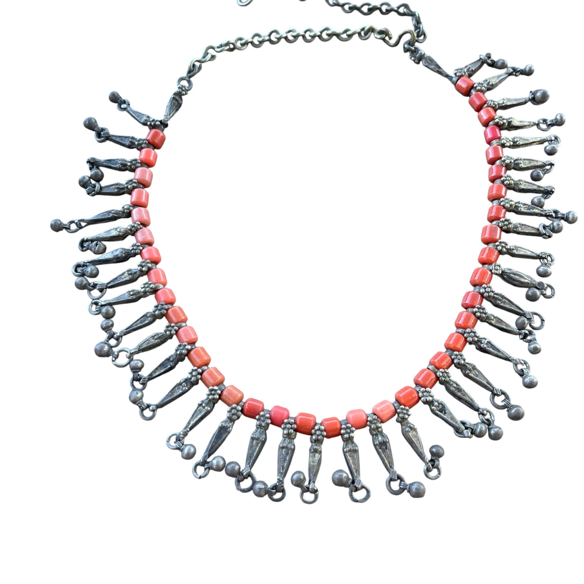 Ethnic Silver Dangle Necklace Adorned with Orange Glass - Rita Okrent Collection (NE541)