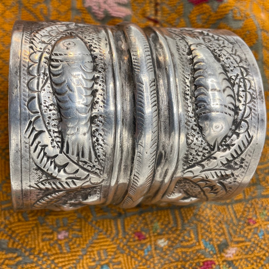 Siwa Oasis Silver Cuff Bracelet with Fish and Flowers, Egypt - Rita Okrent Collection (BR167)